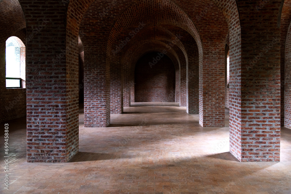 The interior of red brick building