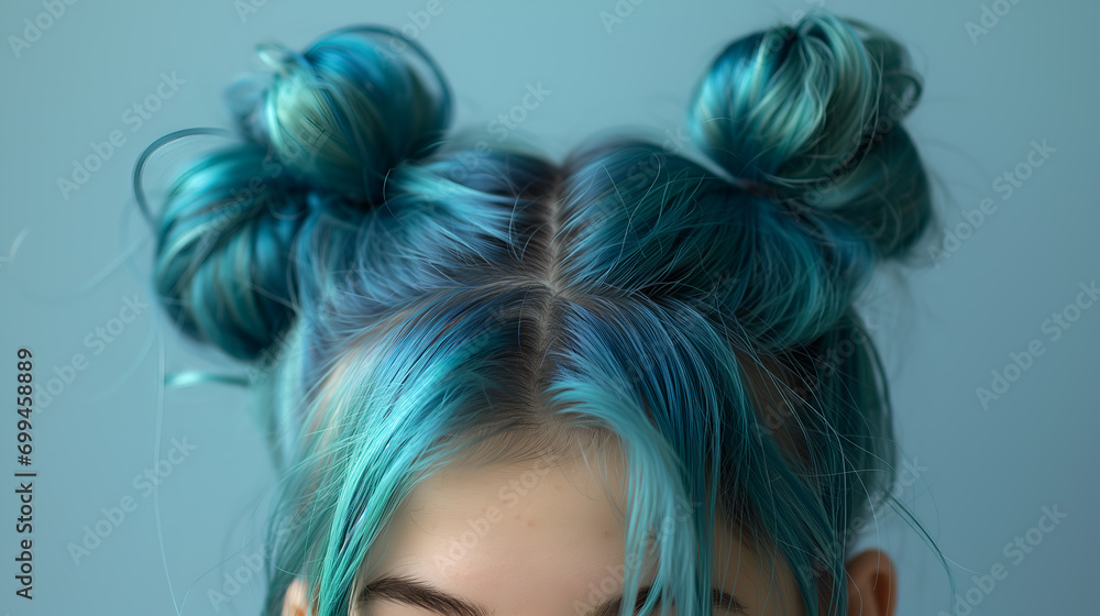 Close-up of Space Buns Hairstyle, young attractive model