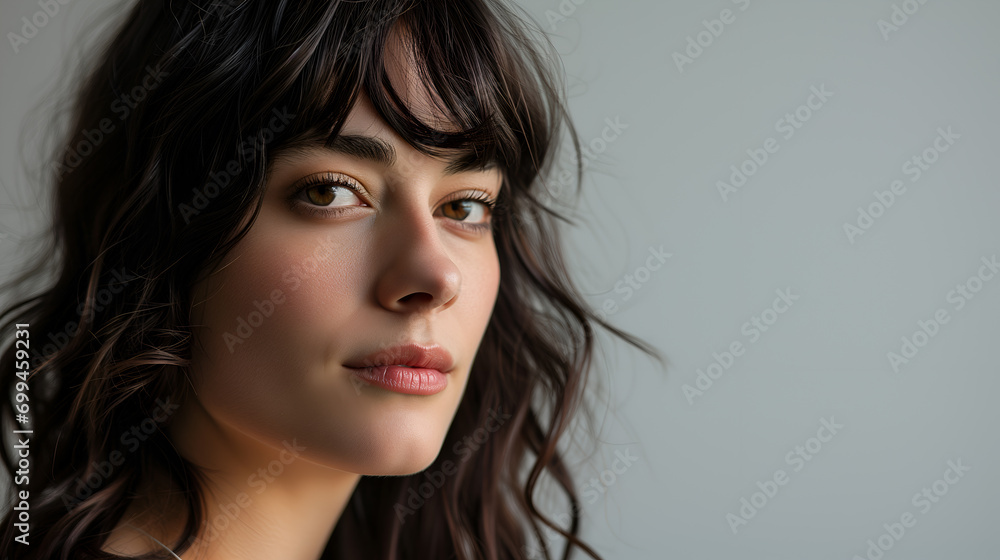 Close-up of Curtain Bangs Hairstyle, young attractive model Close-up of Curtain Bangs Hairstyle, young attractive model