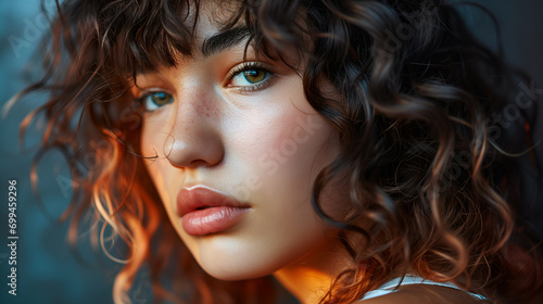 Close-up of Curly Bangs Hairstyle, young attractive model