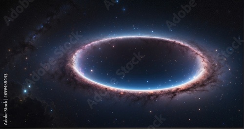 A cosmic halo of stars surrounding a distant elliptical galaxy, creating a celestial ring of light in the inky depths of space. hyper-realistic, lifelike, ultra-detailed, Wide-angle -Generative Ai