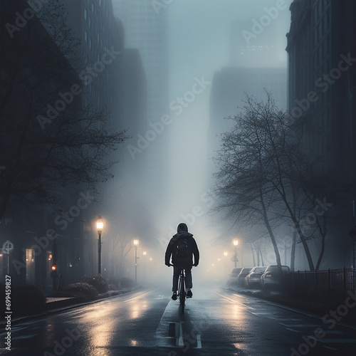 A Person Cycling on a Foggy Night, AI Generated