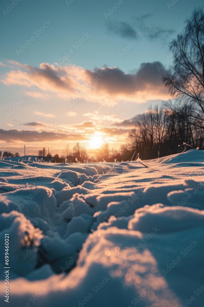 A beautiful snow covered field with a stunning sunset in the background. Perfect for winter landscapes and nature scenes A beautiful snow covered field with a stunning sunset in the background. Perfect for winter landscapes and nature scenes