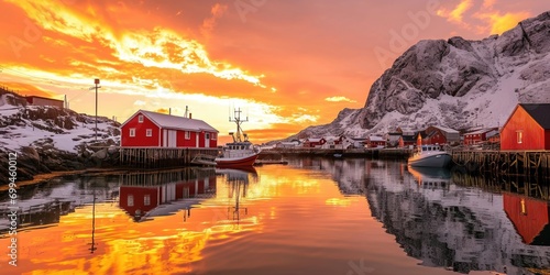 A boat is docked in a harbor with a picturesque mountain in the background. This image can be used to depict tranquility and scenic beauty