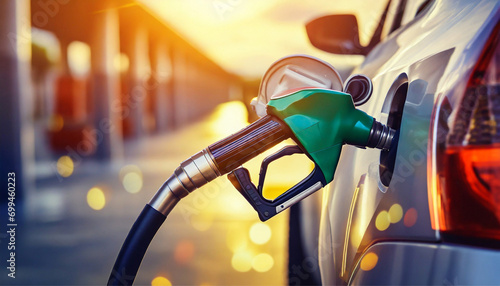 close up, car fuelling nozzle, pumping gasoline into the car; fueling station background with sun flare and bokeh
