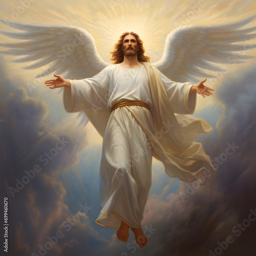 Resurrected Jesus Christ with wings ascending to heaven. God, Heaven and Second Coming concept photo