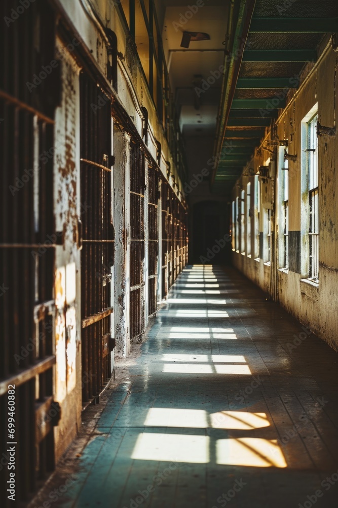 A long hallway with numerous windows and bars. This image can be used to depict a prison, an institution, or a secure facility
