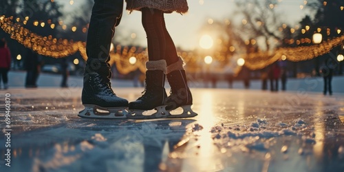 A person standing on a pair of ice skates. Can be used for winter sports or recreational activities