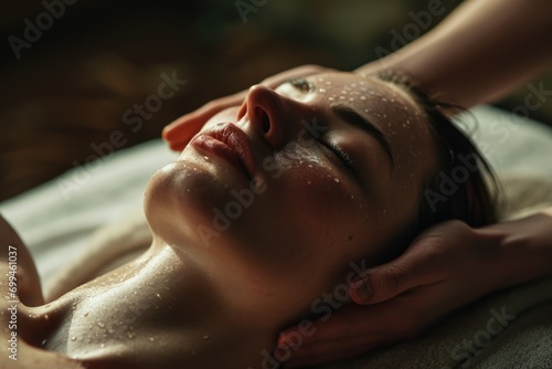 A woman is receiving a relaxing facial massage at a spa. This image can be used to promote spa services or wellness treatments
