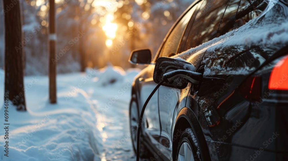 A car parked on a snowy road. Suitable for winter-themed designs and transportation concepts