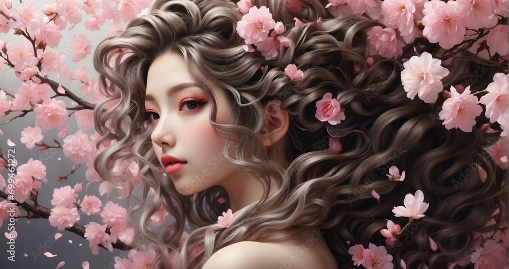 A waterfall of cherry blossoms cascading through a meticulously crafted hairstyle. hyper-realistic, lifelike, ultra-detailed, Wide-angle lens -Generative Ai