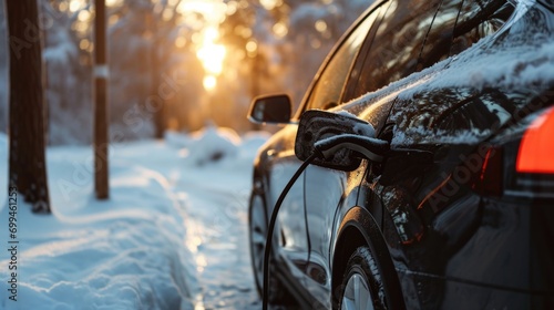 A car parked on a snowy road. Suitable for winter-themed designs and transportation concepts