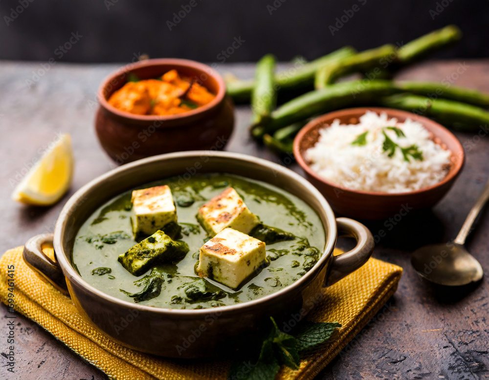palak paneer curry made up of spinach and cottage cheese served in a bowl or pan with roti or rice