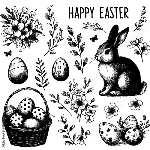 Sketch Easter traditional symbols collection eggs and bunny, willow twigs, basket egg decorating. Drawings set isolated on white background.