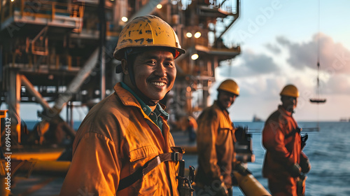 Asian industrial workers in the oil tube station at sea