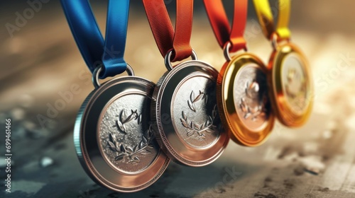 A row of medals with ribbons hanging from them. Suitable for awards, achievements, and recognition purposes photo
