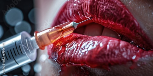 Person with a syringe in their mouth. Can be used to depict drug addiction or substance abuse. Suitable for educational materials or anti-drug campaigns photo