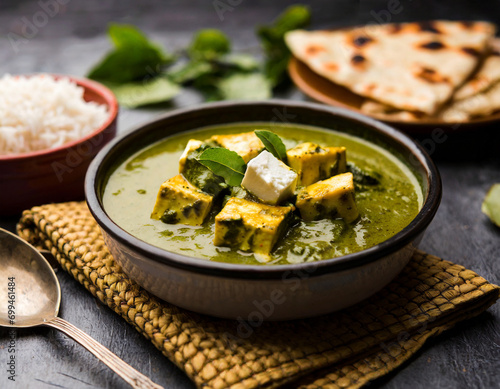 palak paneer curry made up of spinach and cottage cheese served in a bowl or pan with roti or rice