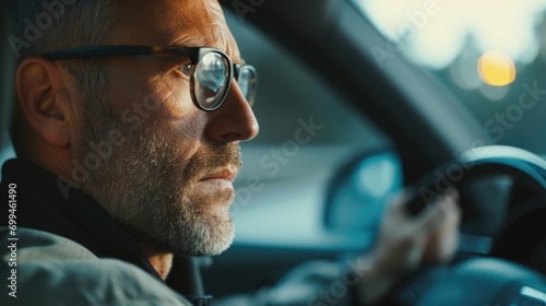 A man wearing glasses is driving a car. This image can be used to illustrate concepts related to transportation, commuting, or road trips © Fotograf