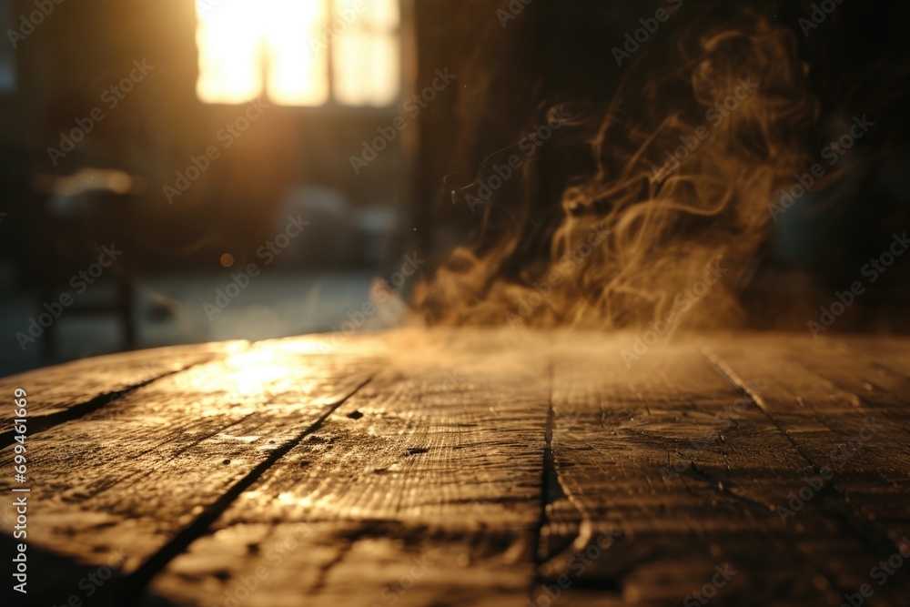 A wooden table with smoke emanating from it. Perfect for illustrating concepts of fire, mystery, or danger.