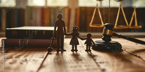 A miniature figurine of a family holding hands next to a judge's gavel. Can be used to represent unity, justice, and family values. Suitable for legal and family-related concepts