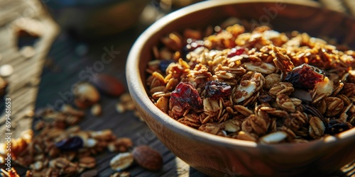 A simple and delicious bowl of granola placed on a rustic wooden table. Perfect for breakfast or a healthy snack option. photo