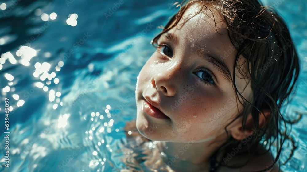 A young girl in a swimming pool gazing up at the sky. Perfect for summer vacation or relaxation-themed projects A young girl in a swimming pool gazing up at the sky. Perfect for summer vacation or relaxation-themed projects