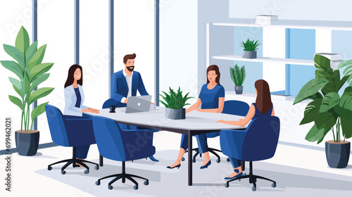 A group of professionals sitting around a table, brainstorming ideas. They could be looking at a whiteboard, sketching on paper, or simply talking to each other. The illustration could show the collab