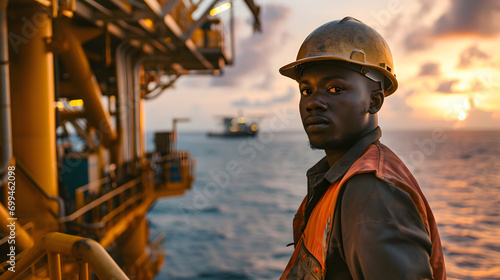 African industrial worker in the oil tube station at sea