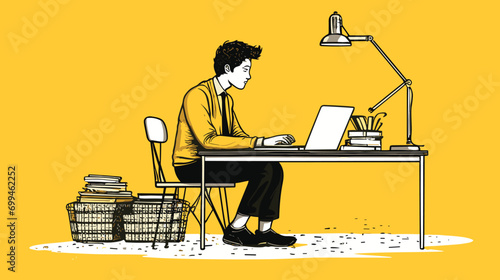 A professional working alone, brainstorming ideas. They could be sitting at their desk, working on a laptop, or simply doodling. The illustration could show the focus and determination of a single ind