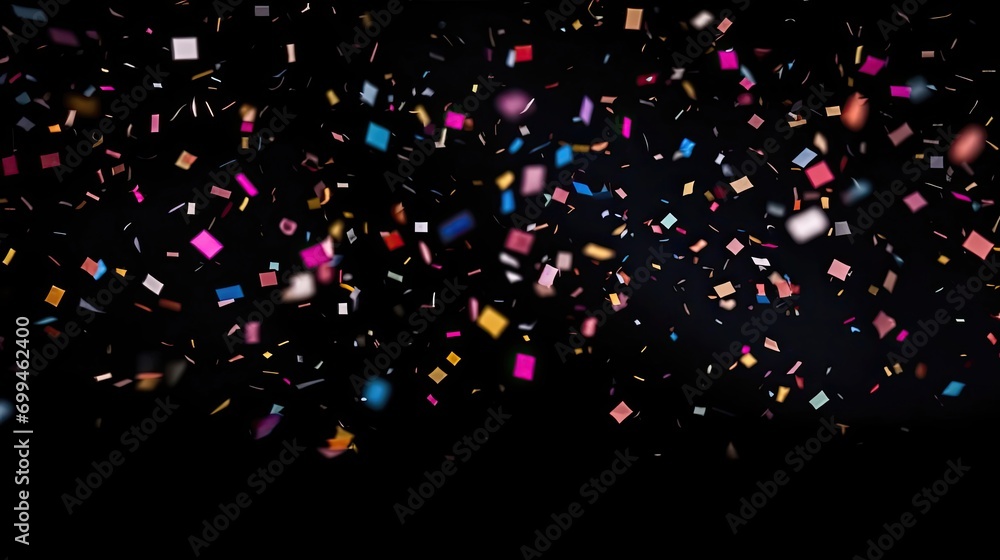 multi-coloured confetti flying from above black background multi-coloured confetti flying from above black background