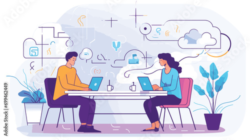simple Vector Illustration art of Design a vector artwork featuring a young male and female startup founders conducting a virtual meeting with global team members. Showcase the integration of virtual