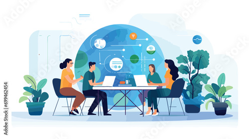 simple Vector Illustration art of Design a vector artwork featuring a young male and female startup founders conducting a virtual meeting with global team members. Showcase the integration of virtual photo
