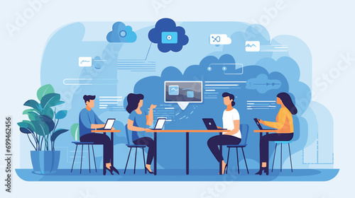 simple Vector Illustration art of Design a vector artwork featuring a young male and female startup founders conducting a virtual meeting with global team members. Showcase the integration of virtual