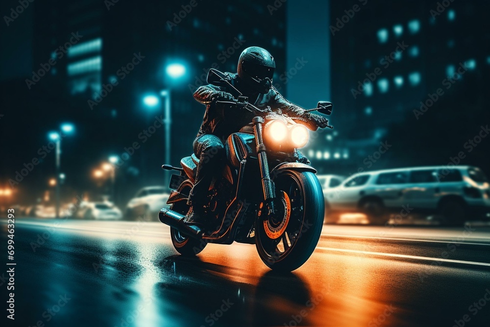 High-speed motorcyclist riding on road at night. Generative AI
