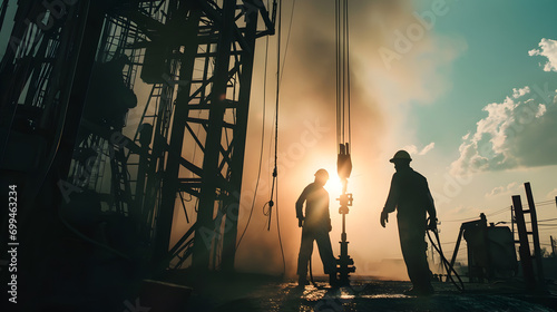 Oil workers at oil extraction, petroleum industry at sunset photo