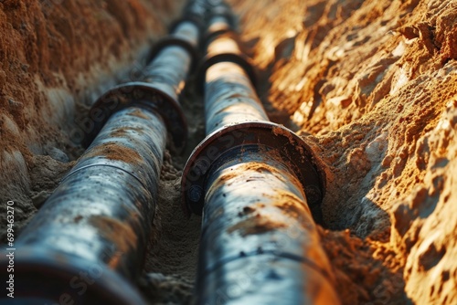 A detailed view of a pipe partially buried in the dirt. This image can be used to depict construction, plumbing, or infrastructure projects photo