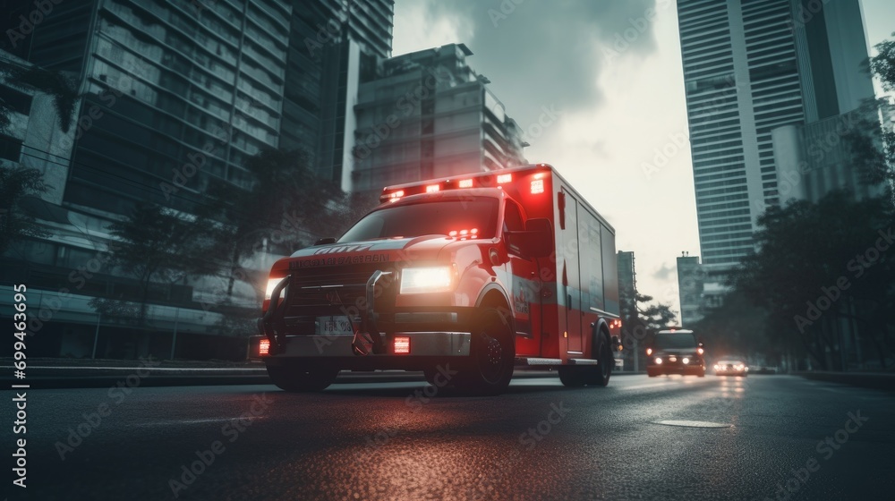 A medical emergency ambulance car driving with red lights on through the city on a road in the day time A medical emergency ambulance car driving with red lights on through the city on a road in the day time