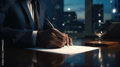 A male businessman with a suit signing a document with his pen by writing down his signature. filling out a paper blank check form paper on a desk in business office