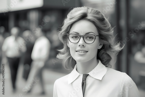 Retro style person from 1960s walking to work with beautiful old-fashioned clothes.