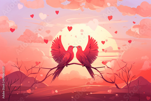 love birds love heart pink background red sky and clouds vector illustration photo