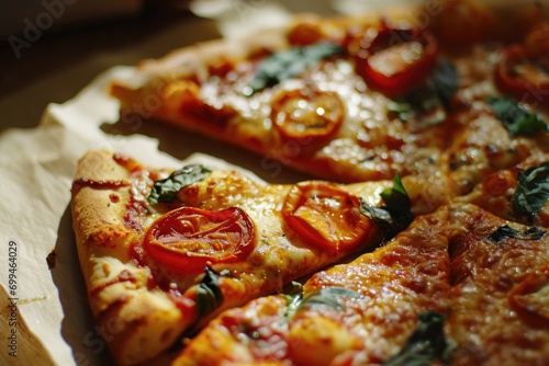 A close-up shot of a delicious pizza topped with fresh tomatoes and spinach. Perfect for food blogs, restaurant menus, and cooking magazines