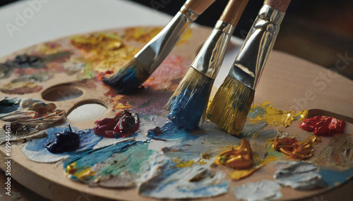 Vibrant Art Studio: Mixing Palette, Paintbrush, and Colorful Paint in Closeup