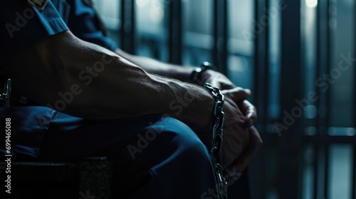 A police officer sitting in a jail cell. This image can be used to depict law enforcement, crime, incarceration, or justice system-related concepts