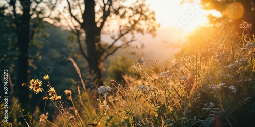 A beautiful field of wildflowers with the sun setting in the background. This image captures the serene beauty of nature at dusk. Perfect for adding a touch of tranquility to any project