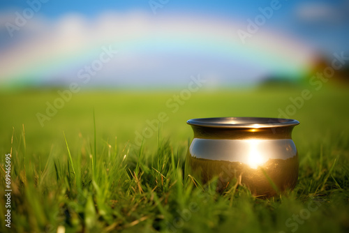 St. Patrick's day shiny pot of gold on meadow with rainbow in background