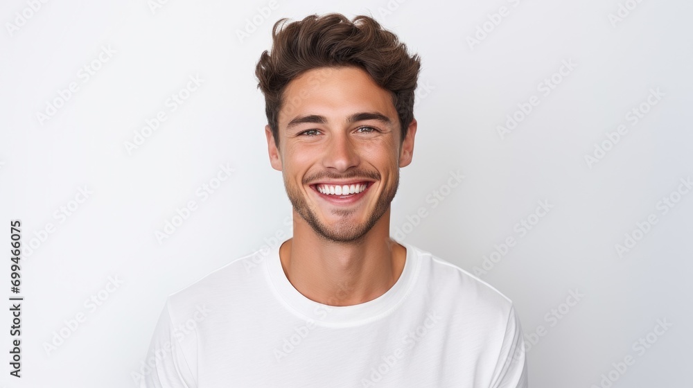A professional portrait studio photo of a handsome young white american man model with perfect clean teeth laughing and smiling. isolated on white background - obrazy, fototapety, plakaty 