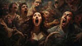 abstract representation of collective human cry. artistic illustration of screaming faces ideal for projects on social dynamics and emotional release