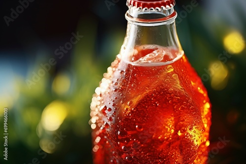 A close-up photograph of a glass soda bottle with a red cap, covered in condensation and water droplets, against a blurred background. photo