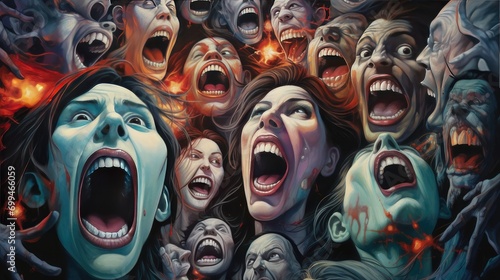 vivid artistic interpretation of outcry and despair. multiple faces screaming with powerful emotional impact suitable for creative campaigns and posters
